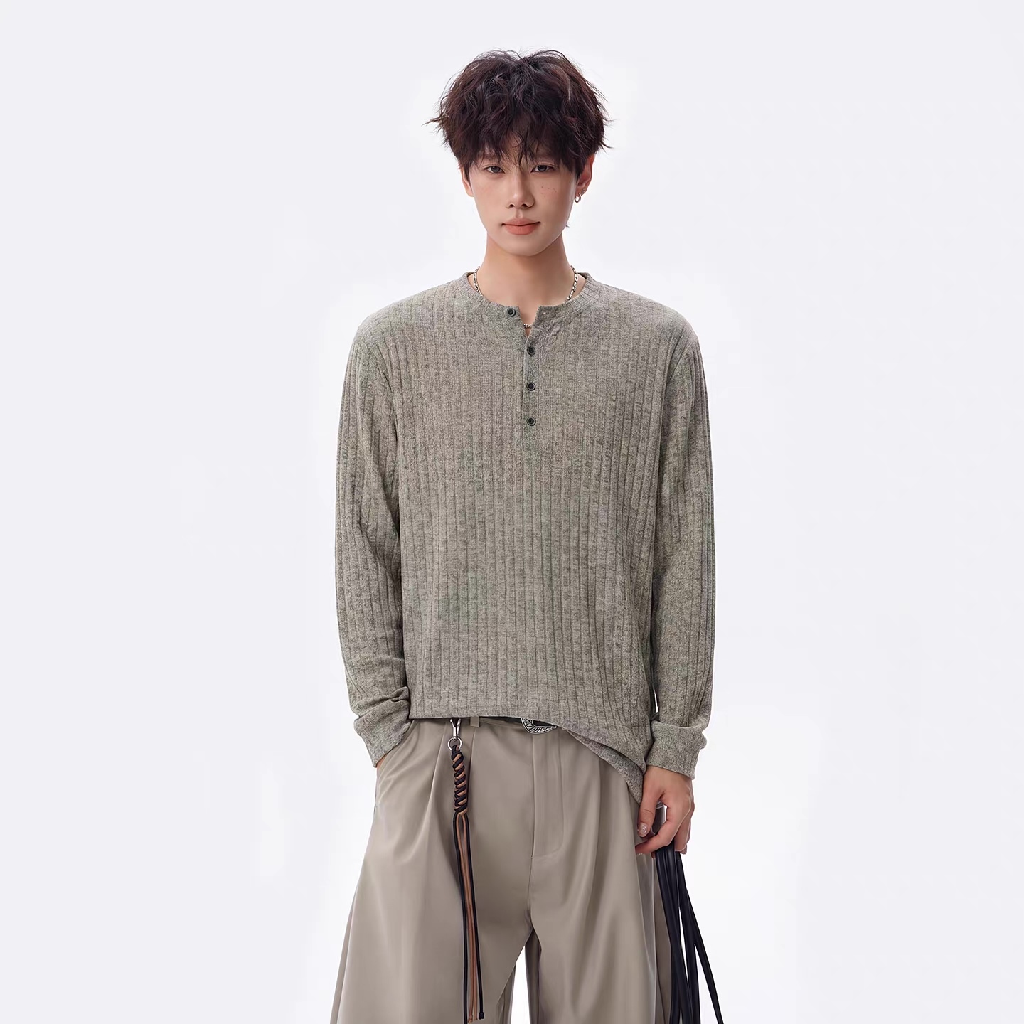 Men’s Charcoal Ribbed Henley Long Sleeve Knit Shirt