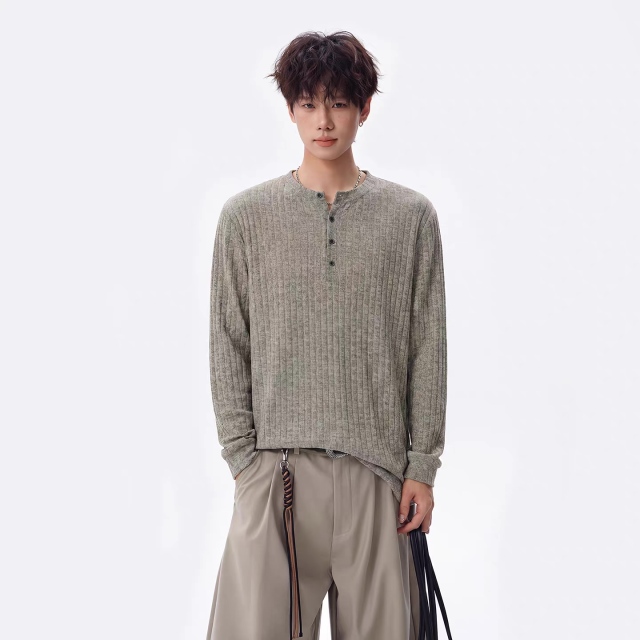 Men’s Charcoal Ribbed Henley Long Sleeve Knit Shirt