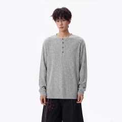 Men’s Charcoal Ribbed Henley Long Sleeve Knit Shirt