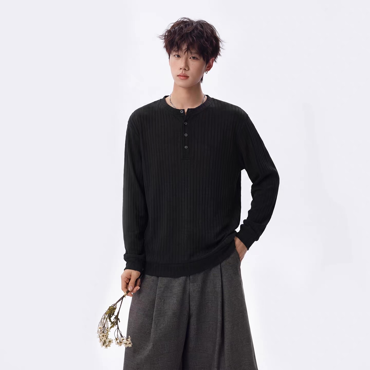 Men’s Charcoal Ribbed Henley Long Sleeve Knit Shirt