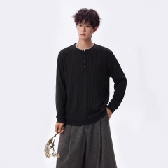Men’s Charcoal Ribbed Henley Long Sleeve Knit Shirt