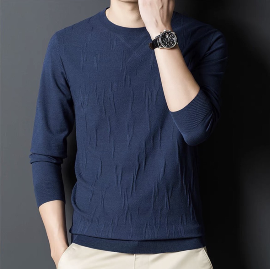 Men's Navy Blue Textured Knit Crew Neck Sweater – Slim Fit Long Sleeve Pullover