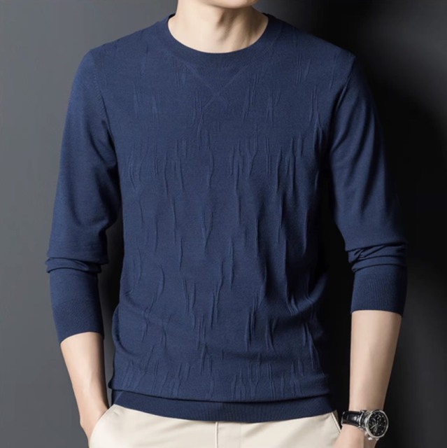 Men's Navy Blue Textured Knit Crew Neck Sweater – Slim Fit Long Sleeve Pullover