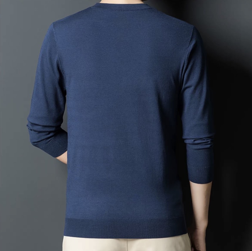 Men's Navy Blue Textured Knit Crew Neck Sweater – Slim Fit Long Sleeve Pullover