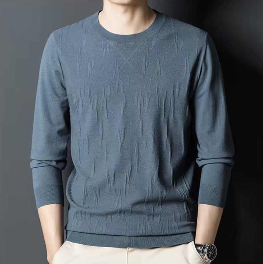 Men's Navy Blue Textured Knit Crew Neck Sweater – Slim Fit Long Sleeve Pullover