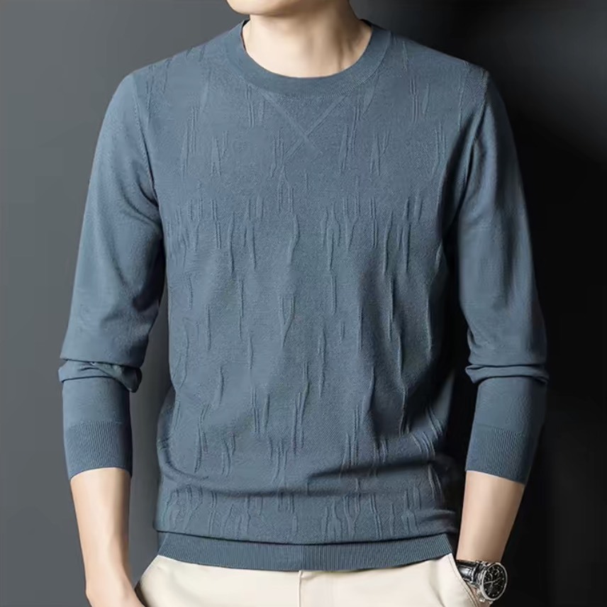 Men's Navy Blue Textured Knit Crew Neck Sweater – Slim Fit Long Sleeve Pullover