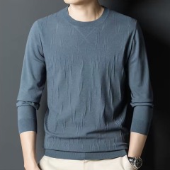 Men's Navy Blue Textured Knit Crew Neck Sweater – Slim Fit Long Sleeve Pullover