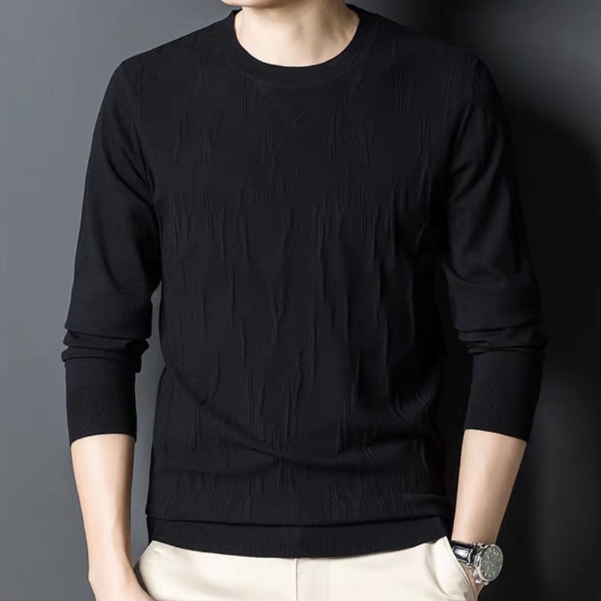 Men's Navy Blue Textured Knit Crew Neck Sweater – Slim Fit Long Sleeve Pullover