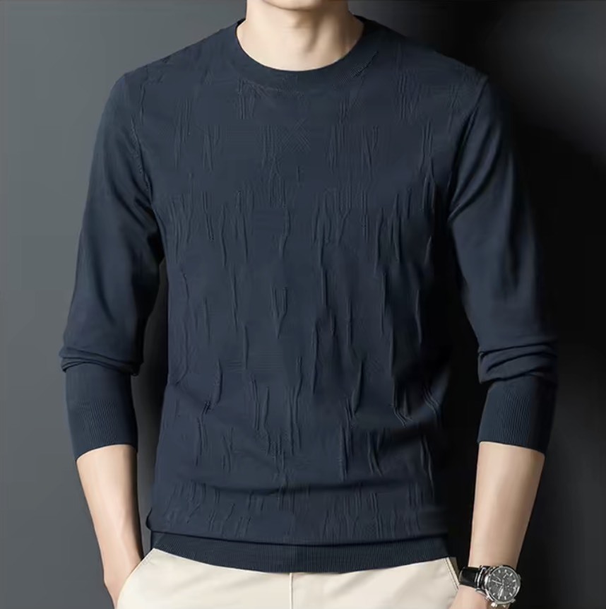 Men's Navy Blue Textured Knit Crew Neck Sweater – Slim Fit Long Sleeve Pullover