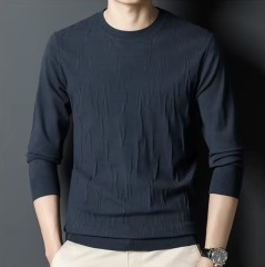 Men's Navy Blue Textured Knit Crew Neck Sweater – Slim Fit Long Sleeve Pullover