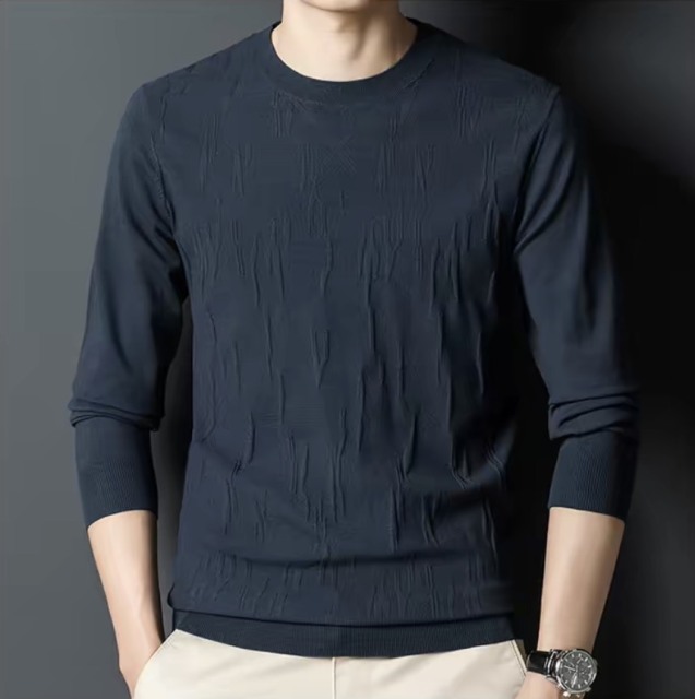 Men's Navy Blue Textured Knit Crew Neck Sweater – Slim Fit Long Sleeve Pullover