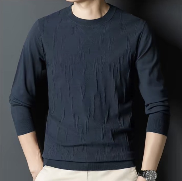 Men's Navy Blue Textured Knit Crew Neck Sweater – Slim Fit Long Sleeve Pullover