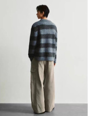 Men's Vintage Blue & Charcoal Striped Knit Polo Sweater – Relaxed Fit Long Sleeve Pullover