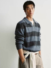 Men's Vintage Blue & Charcoal Striped Knit Polo Sweater – Relaxed Fit Long Sleeve Pullover