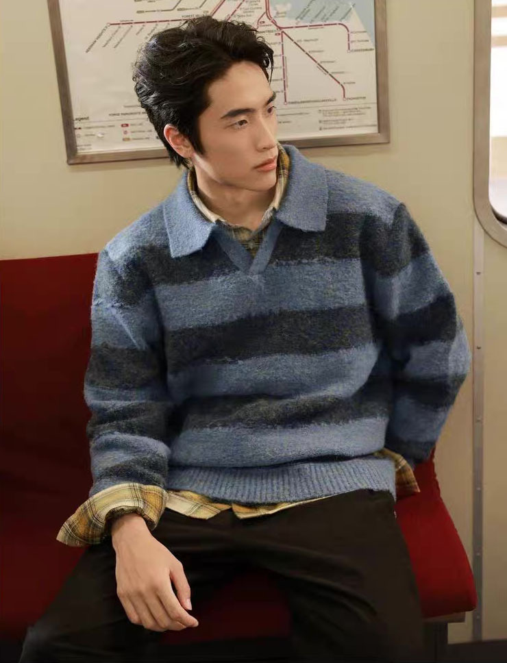 Men's Vintage Blue & Charcoal Striped Knit Polo Sweater – Relaxed Fit Long Sleeve Pullover