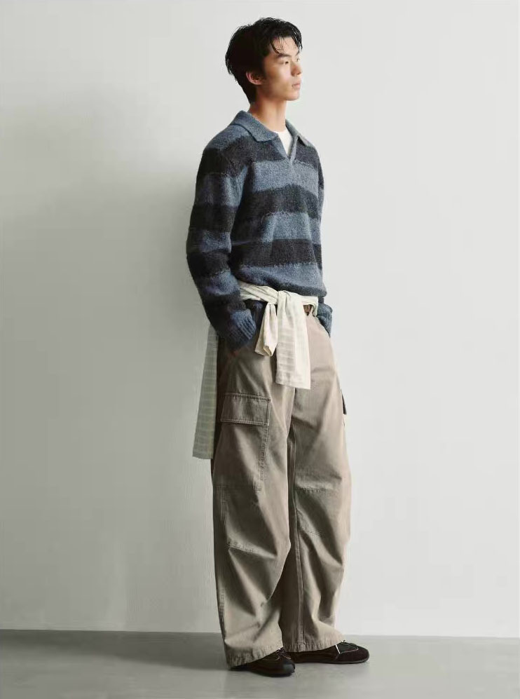 Men's Vintage Blue & Charcoal Striped Knit Polo Sweater – Relaxed Fit Long Sleeve Pullover