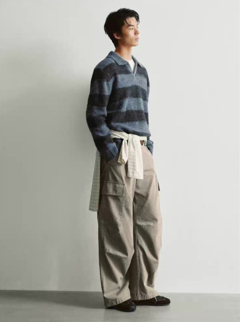 Men's Vintage Blue & Charcoal Striped Knit Polo Sweater – Relaxed Fit Long Sleeve Pullover