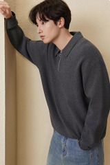 Men's Dark Gray Quarter-Zip Long Sleeve Knit Polo Sweater