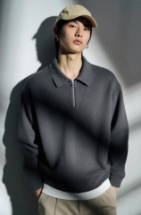 Men's Dark Gray Quarter-Zip Long Sleeve Knit Polo Sweater