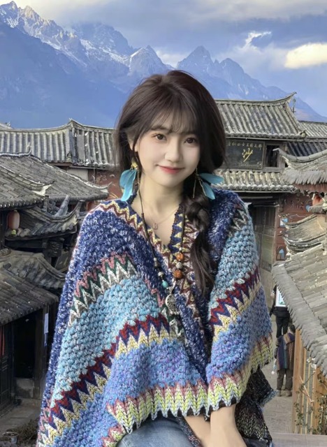 Azura Multicolor Boho Crochet Poncho – Oversized Textured Knit Shawl for Women