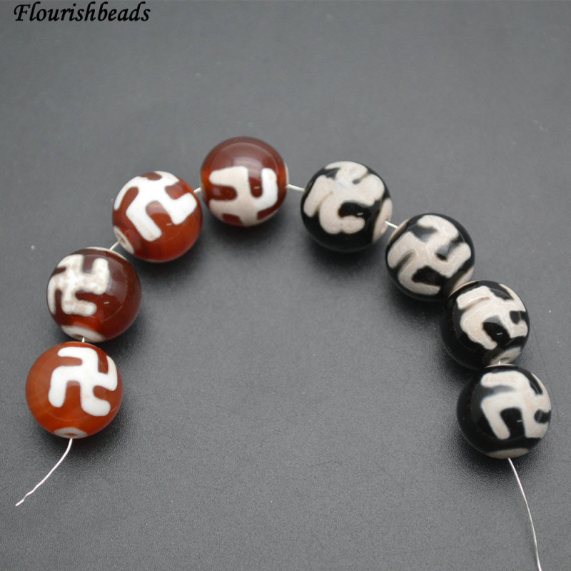 12mm Black / Red Agate Swastika Words Stone Round Loose Beads