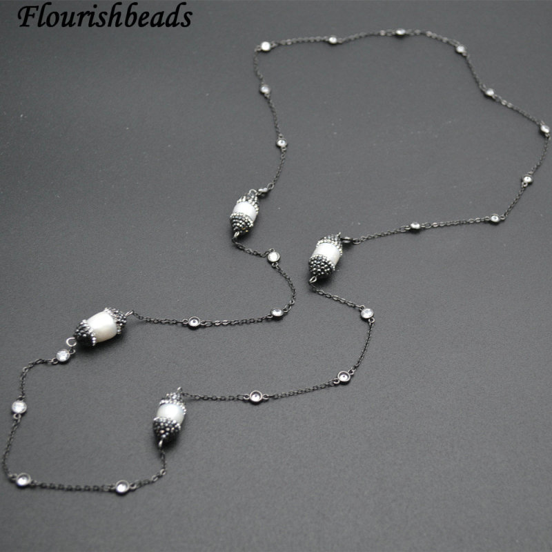 Natural White Pearl Black Color Chains CZ Beads Linked Necklace Fashion Jewelry