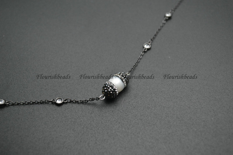 Natural White Pearl Black Color Chains CZ Beads Linked Necklace Fashion Jewelry