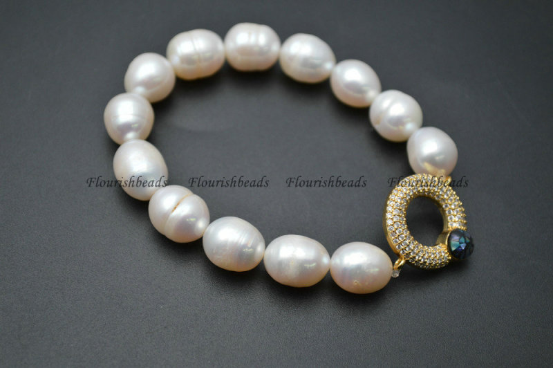 Natural White Pearl Potato Beads Paved CZ and Abalone Shell Gold color Metal Round Circle Charms Bracelet Jewelry