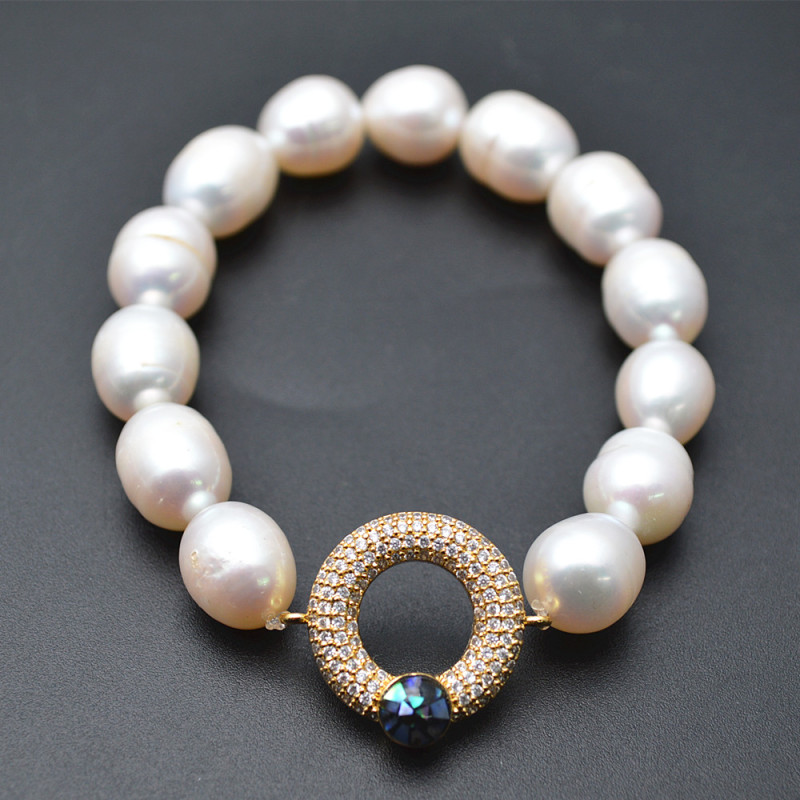 Natural White Pearl Potato Beads Paved CZ and Abalone Shell Gold color Metal Round Circle Charms Bracelet Jewelry