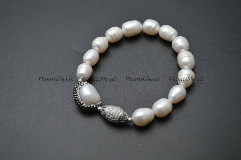 Natural White Pearl Beads Paved CZ Metal Charm Bracelet Jewelry