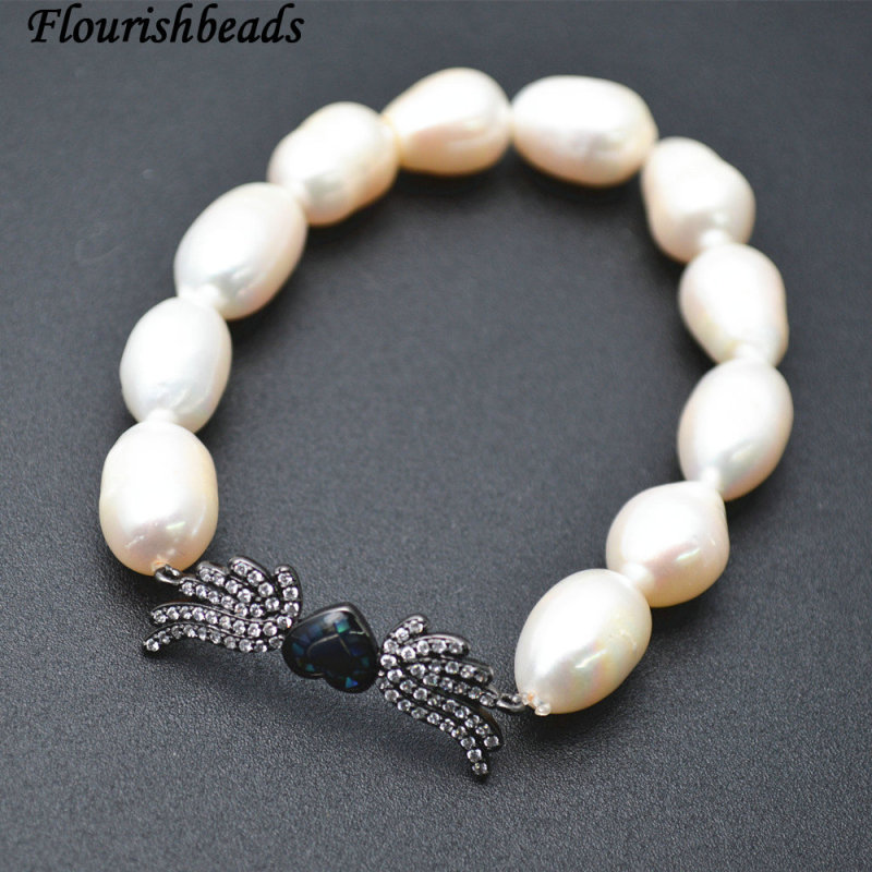 Natural White Pearl Potato Beads Paved CZ Double Angel Wings Metal Charms Stretch Bracelet Wholesale Jewelry