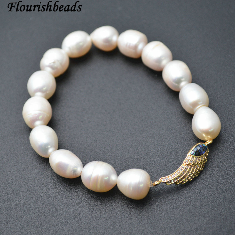 Natural White Pearl Potato Beads Paved CZ Angel Wings Metal Charms Stretch Bracelet Wholesale Jewelry