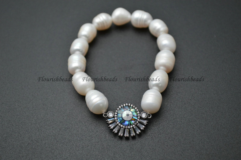 Natural White Pearl Beads Paved CZ Metal Sun Charms Stretch Bracelet Wholesale Jewelry