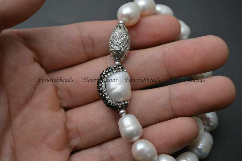 Natural White Pearl Beads Paved CZ Metal Charm Bracelet Jewelry