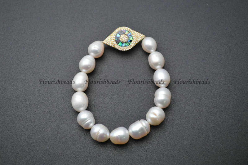 Natural Abalone Shell and CZ Beads Micropave Setting White Pearl Beasds Stretch Bracelets Fashion Jewelry