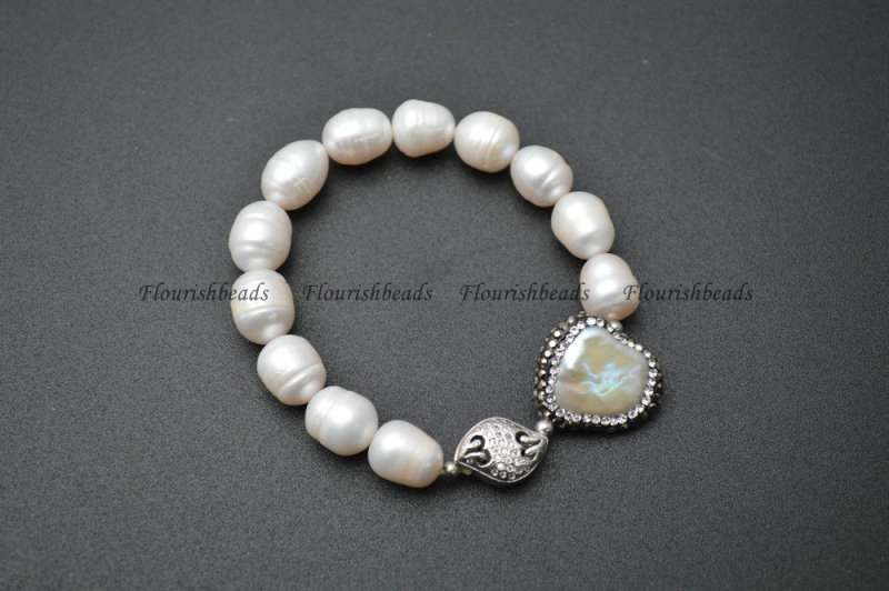 Natural White Pearl /  CZ Beads Setting Round Metal Eye Charm Bracelets Fashion Jewelry