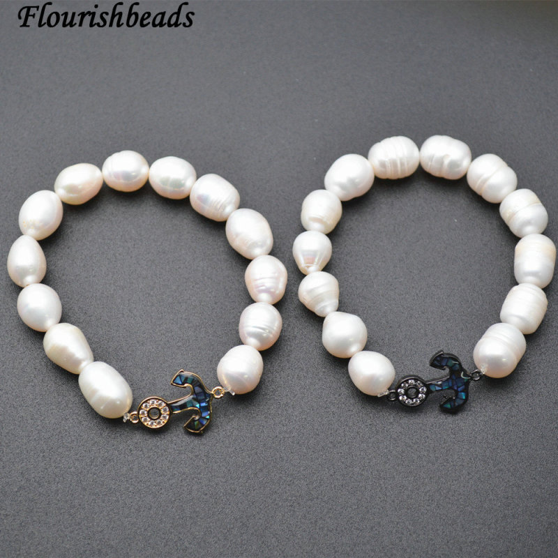 CZ Beads&amp;Abalone Shell Setting Metal Anchor Charm Natural Pearl Beads Bracelets