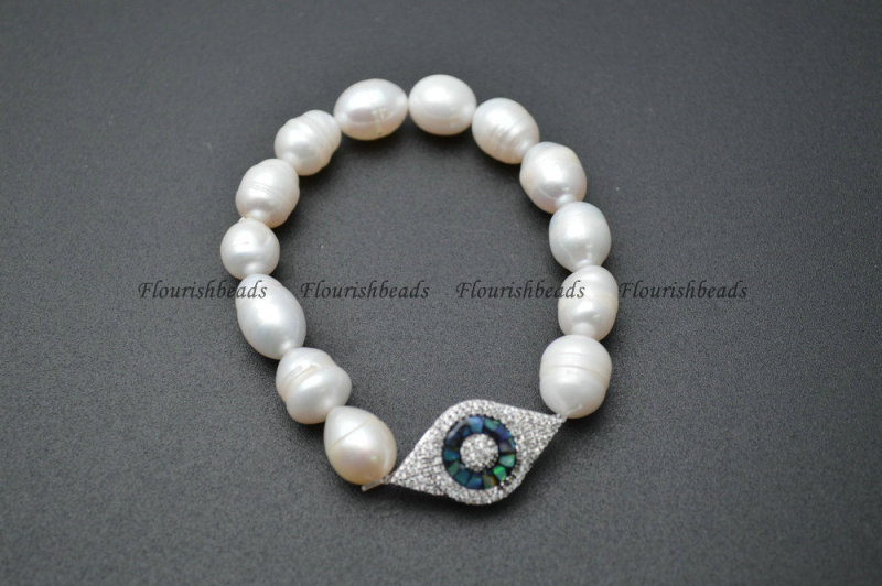 Natural Abalone Shell and CZ Beads Micropave Setting White Pearl Beasds Stretch Bracelets Fashion Jewelry