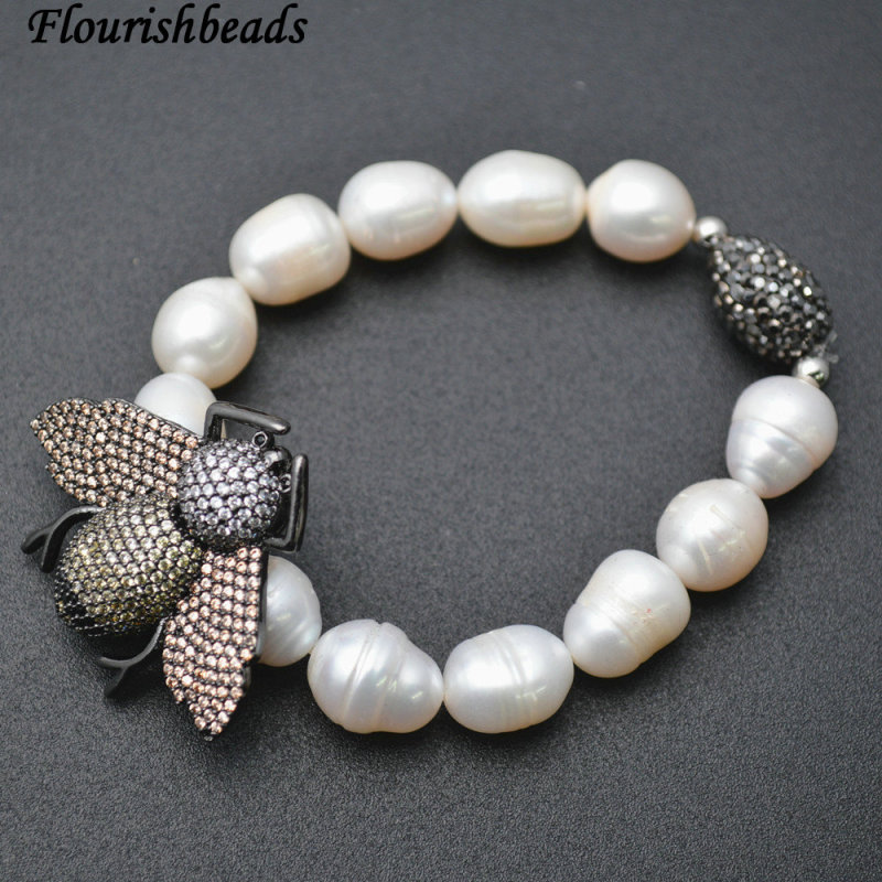 Popular Natural White Pearl Micro-inclosed CZ Metal Insect Bee Charm Stretch Bracelets Fashion Jewelry