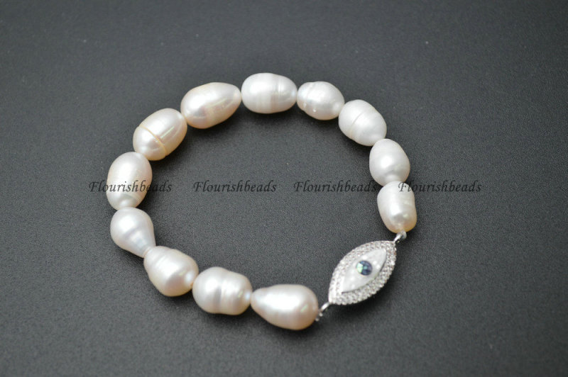 Natural Abalone Shell and CZ Beads Micropave Setting Metal Eye Charm White Pearl Beasds Stretch Bracelets Fashion Jewelry