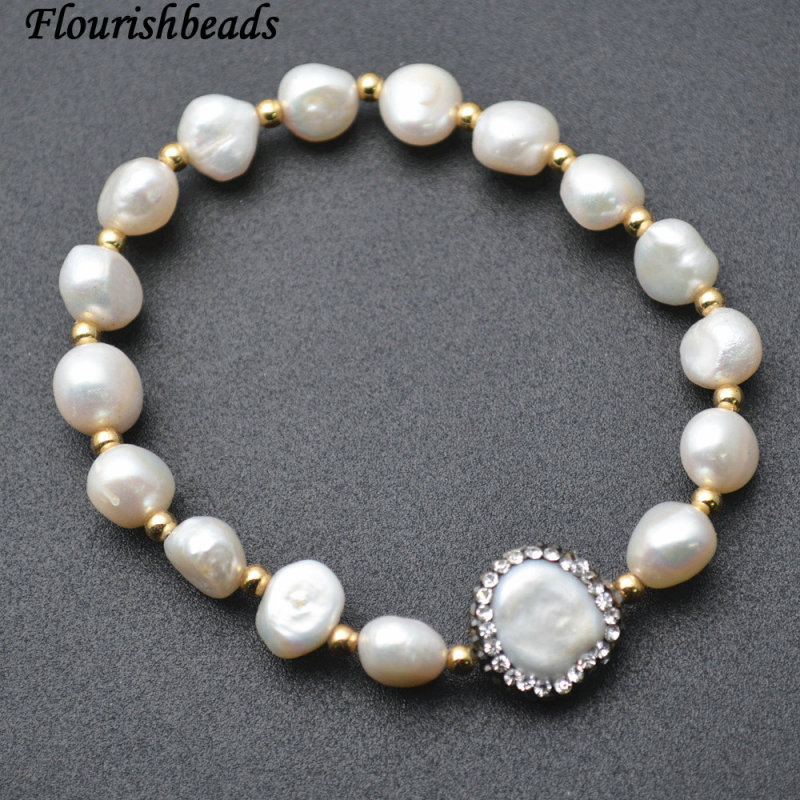 Paved Black Crytal Natural White Pearl Baroque Beads Stretch Bracelets Fashion Woman Party Jewelry