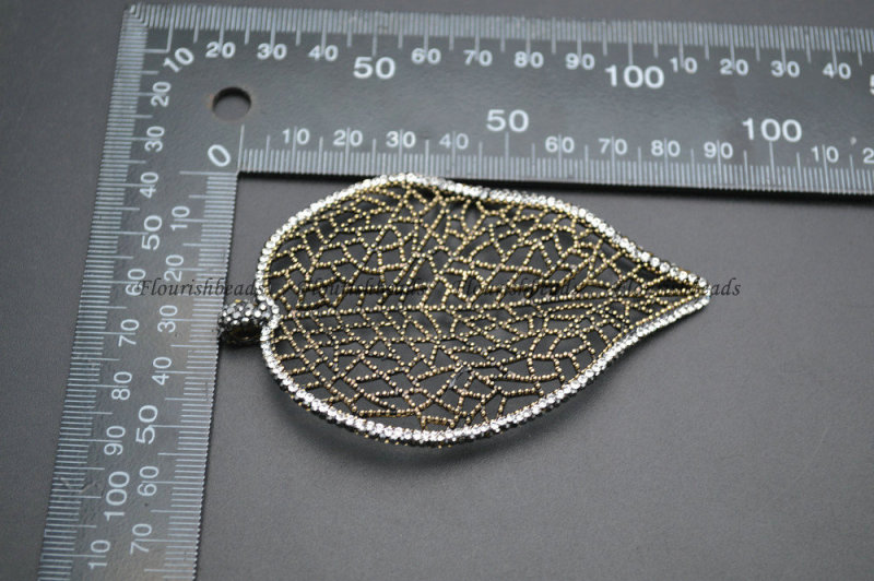 Antique Bronze color Big size Metal Leaf Shape Pendant Paved Black Crystal Beads Jewelry