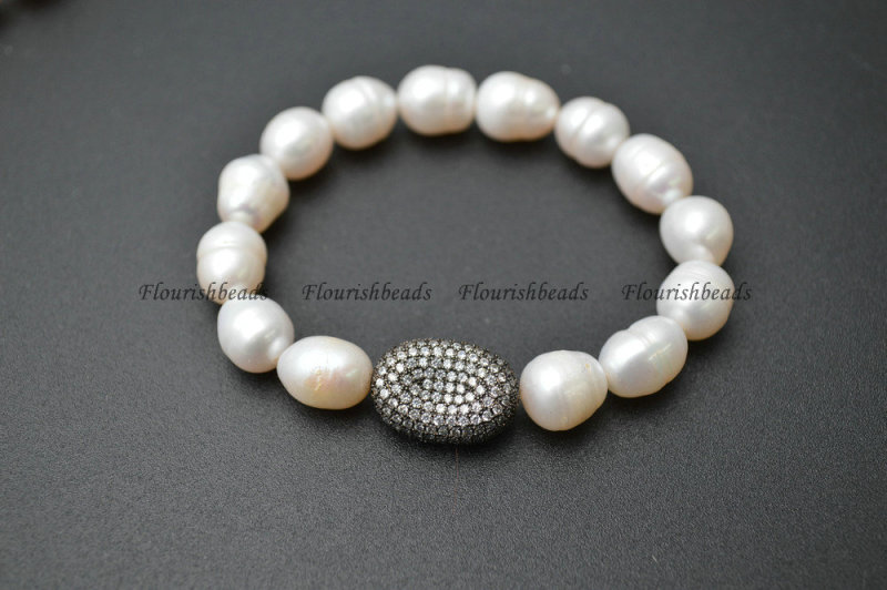 Natural White Pearl Beasds CZ Beads Micropave Setting Metal Oval Charm Stretch Bracelets Fashion Jewelry