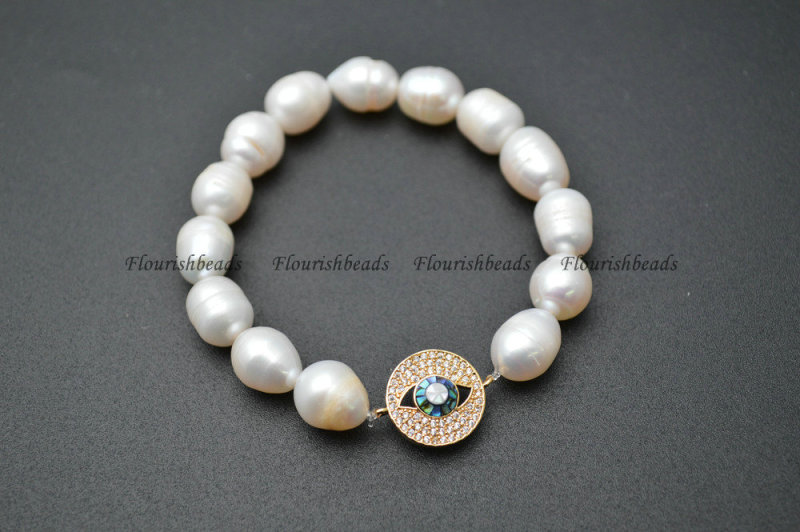 CZ Beads Micropave Setting Metal Eye Round Charm White Pearl Beasds Stretch Bracelets Fashion Jewelry