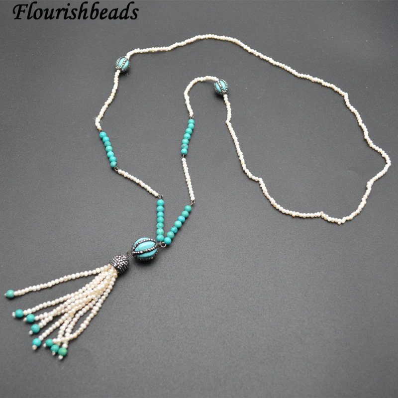 Natral White Pearl and Turquoise Seed Beads Long beaded Chains Tassel Pendant Necklace Jewelry