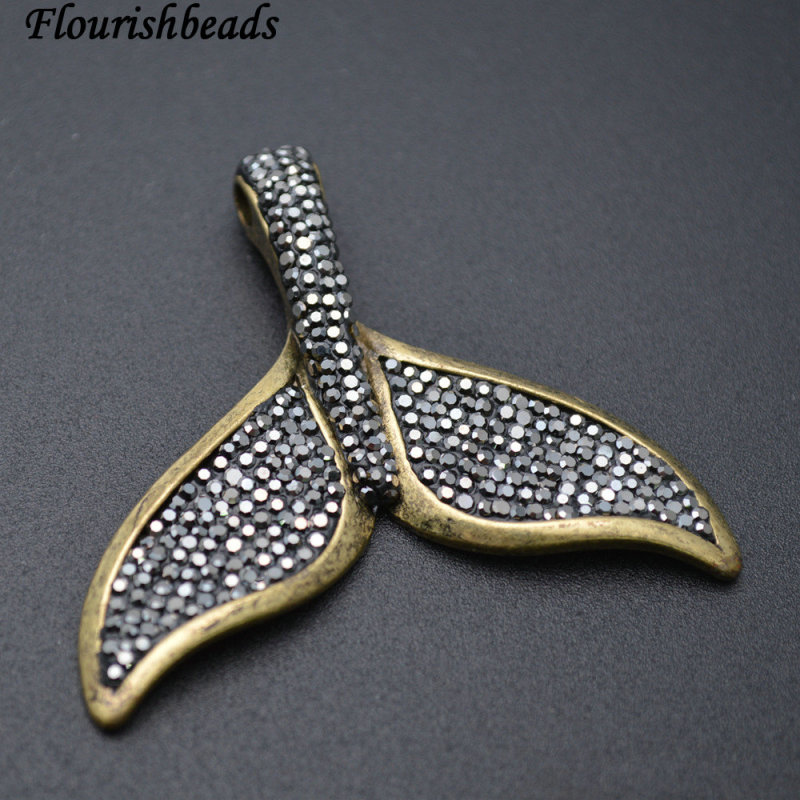 Paved Black Crystal Beads Antique Bronze color Metal Mermaid Fish Tail Pendant Jewelry