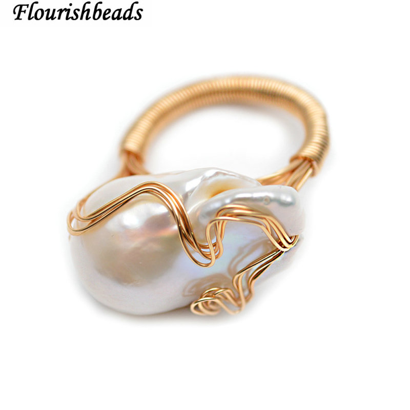 Handmade Natural White Pearl Big Baroque Wire Wrapped Rings Fashion Jewelry
