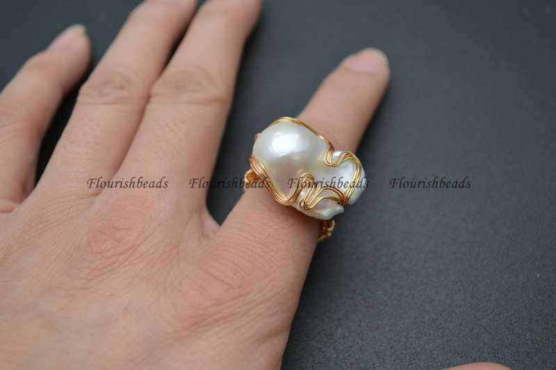 Handmade Natural White Pearl Big Baroque Wire Wrapped Rings Fashion Jewelry