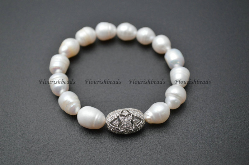 Natural White Pearl Beasds Multi Color CZ Beads Micropave Setting Metal Oval Charm Stretch Bracelets Fashion Jewelry