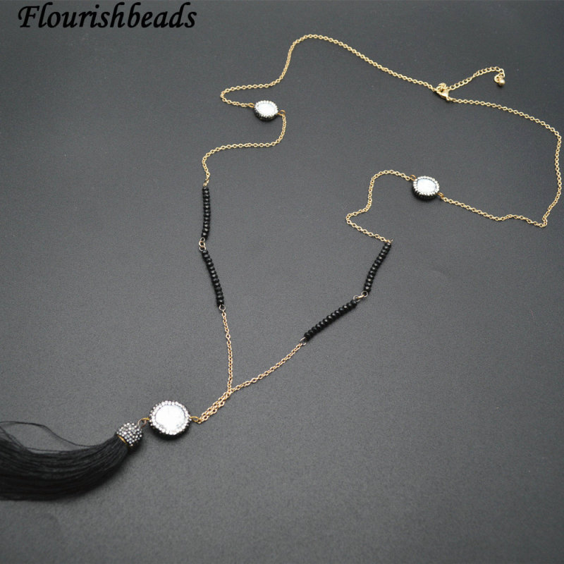 Paved Black Glass Natural White Pearl Beads Linked Long Chains Tassel Pendant Necklace Jewelry